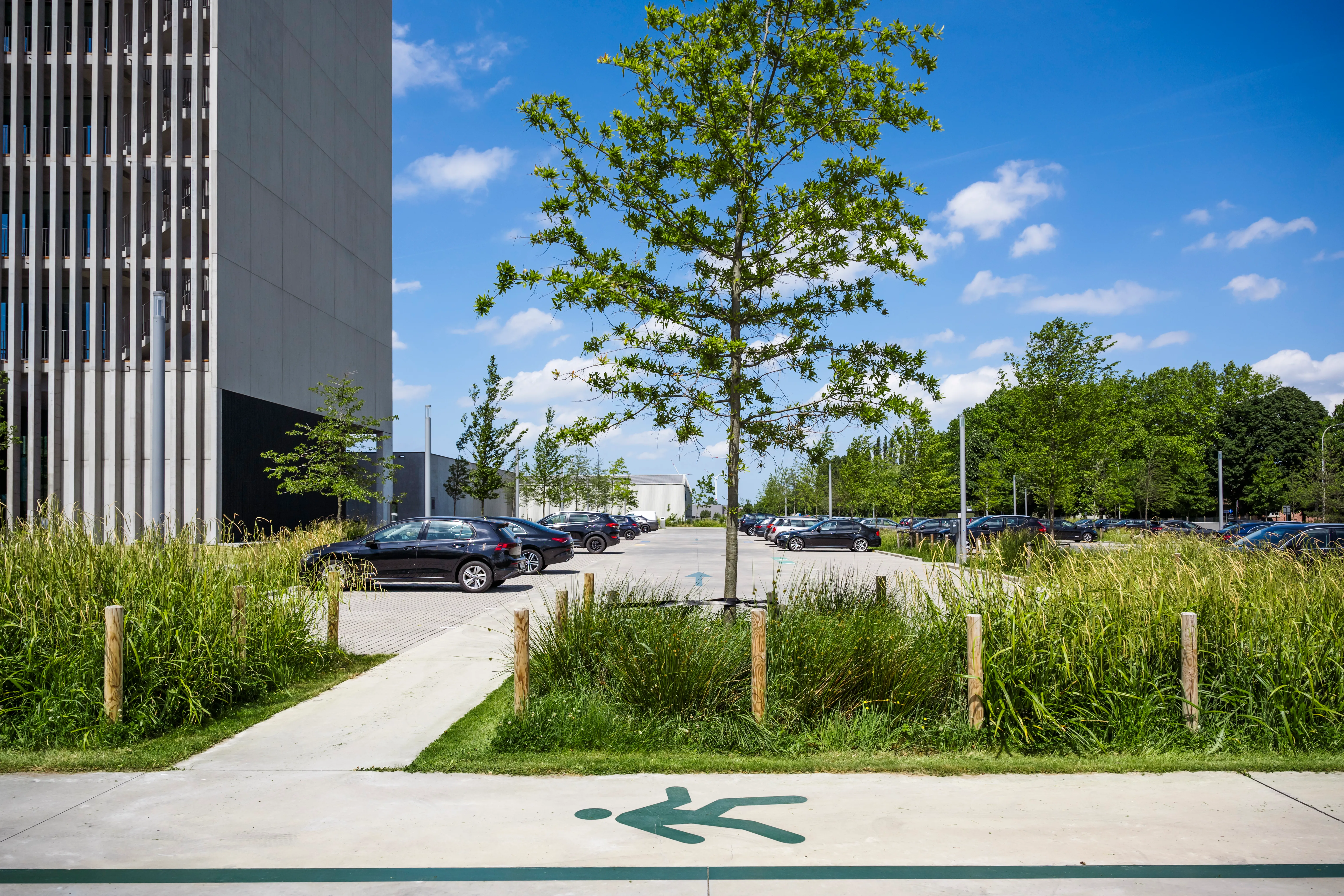Parkeerterrein met bomen en grasperken naast Skyline Park, voetpad op voorgrond