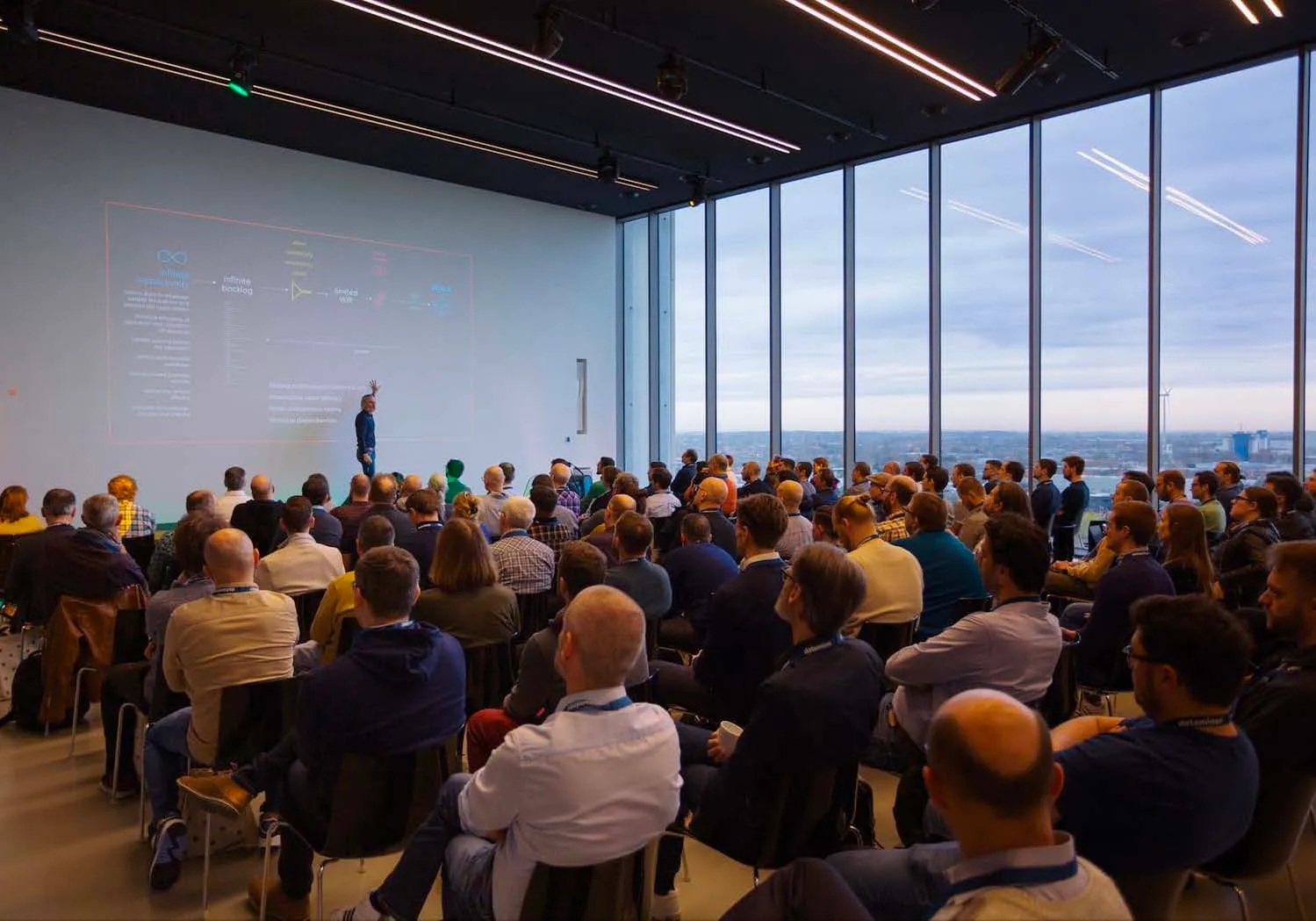 Volle conferentiezaal SkyTheater met spreker voor projectiescherm, omringd door glazen gevels met stadsview op hoge verdieping.